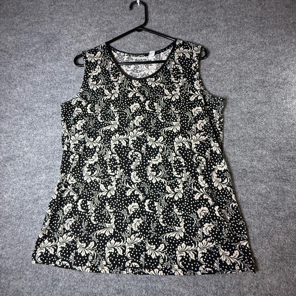 Susan Graver Womens Black Cream Damask Polka Dot Liquid Knit Tank Top Shell M